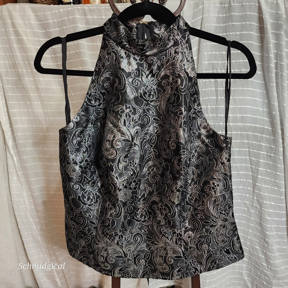 Vintage Michaelangelo Silver Metallic Floral Brocade Halter Mock Neck Top 90s 12